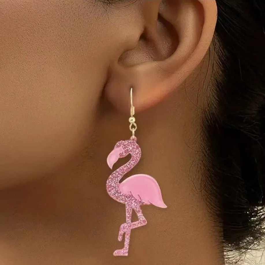 Wholesale glitter acrylic pink Valentine's Day fun cute Flamingo earrings