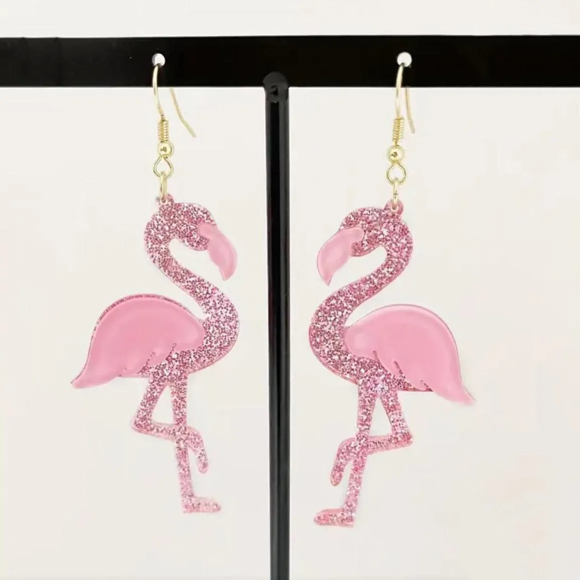 Wholesale glitter acrylic pink Valentine's Day fun cute Flamingo earrings