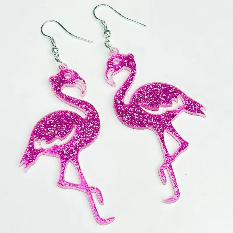 Wholesale glitter acrylic pink Valentine's Day fun cute Flamingo earrings