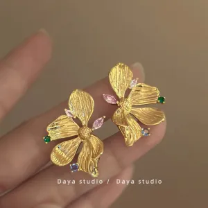 Wholesale Gold-plated Color Zircon Metal Flower Earrings