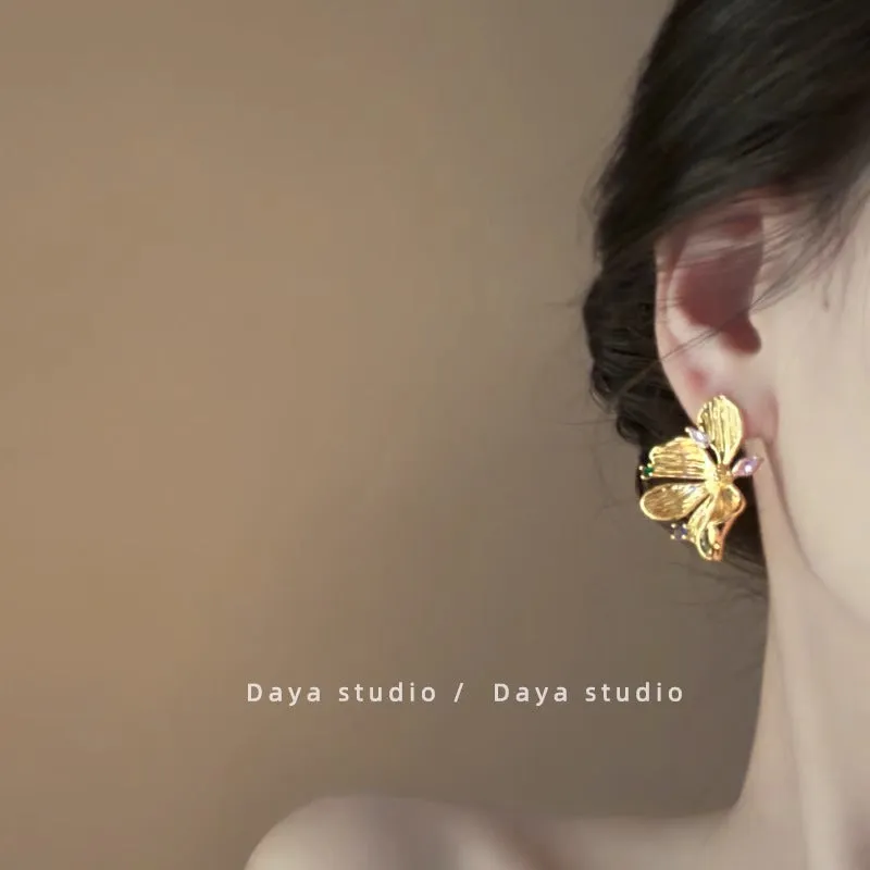 Wholesale Gold-plated Color Zircon Metal Flower Earrings