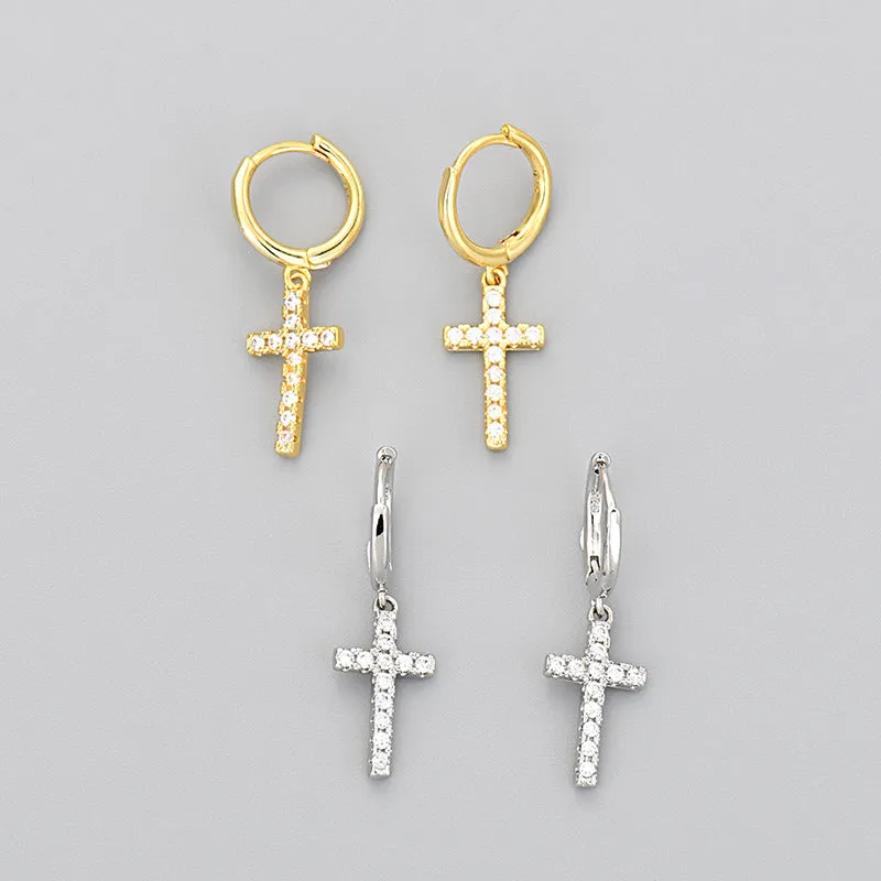Wholesale Gold-plated cross earrings with rhinestones