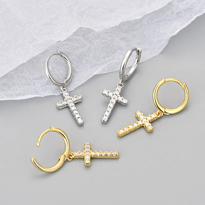 Wholesale Gold-plated cross earrings with rhinestones