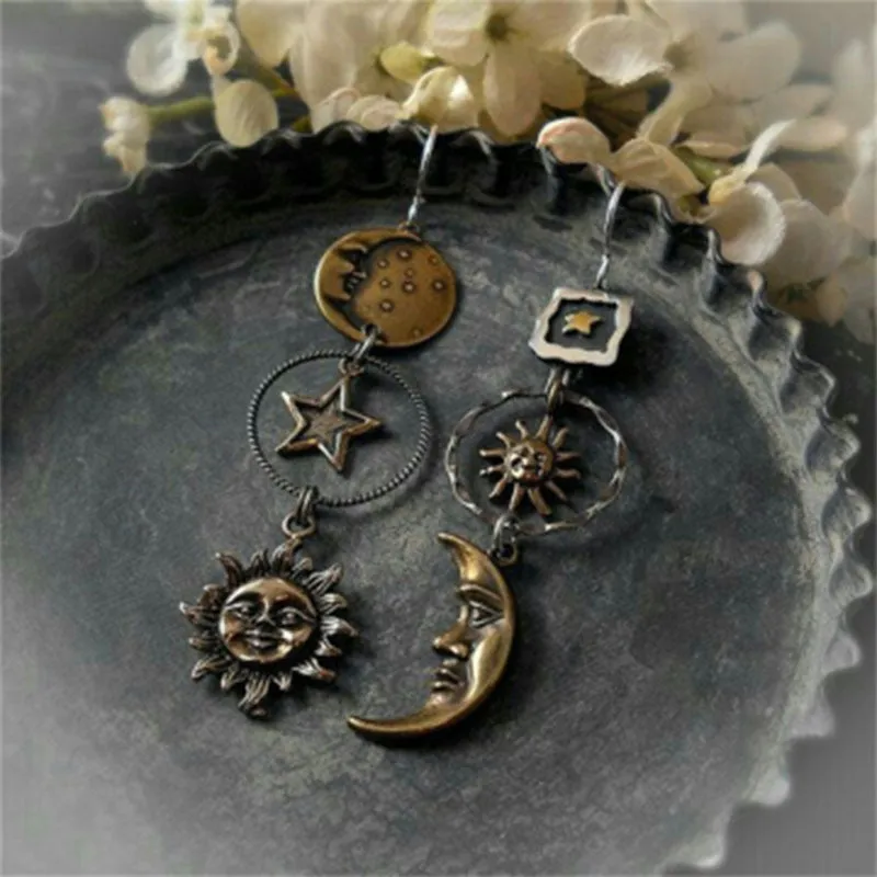 Wholesale Gothic Demon Eye Punk Accessories Antique Silver Moon Metal Long Earrings