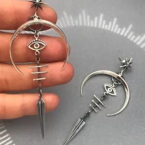 Wholesale Gothic Demon Eye Punk Accessories Antique Silver Moon Metal Long Earrings