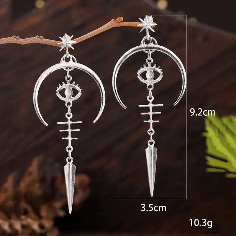 Wholesale Gothic Demon Eye Punk Accessories Antique Silver Moon Metal Long Earrings