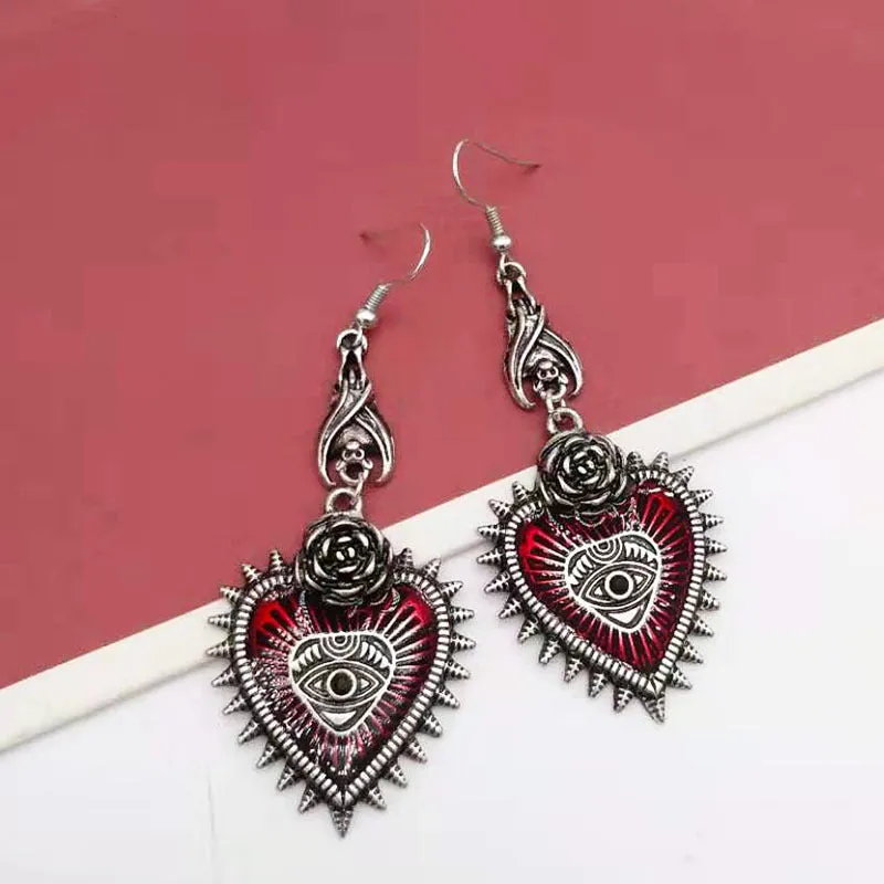 Wholesale gothic punk wind field rose heart-shaped Blood Devil eye drop oil bat earrings