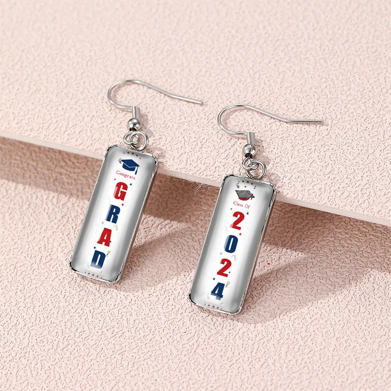 Wholesale graduation season letters school Carnival rectangular pendant glass earrings
