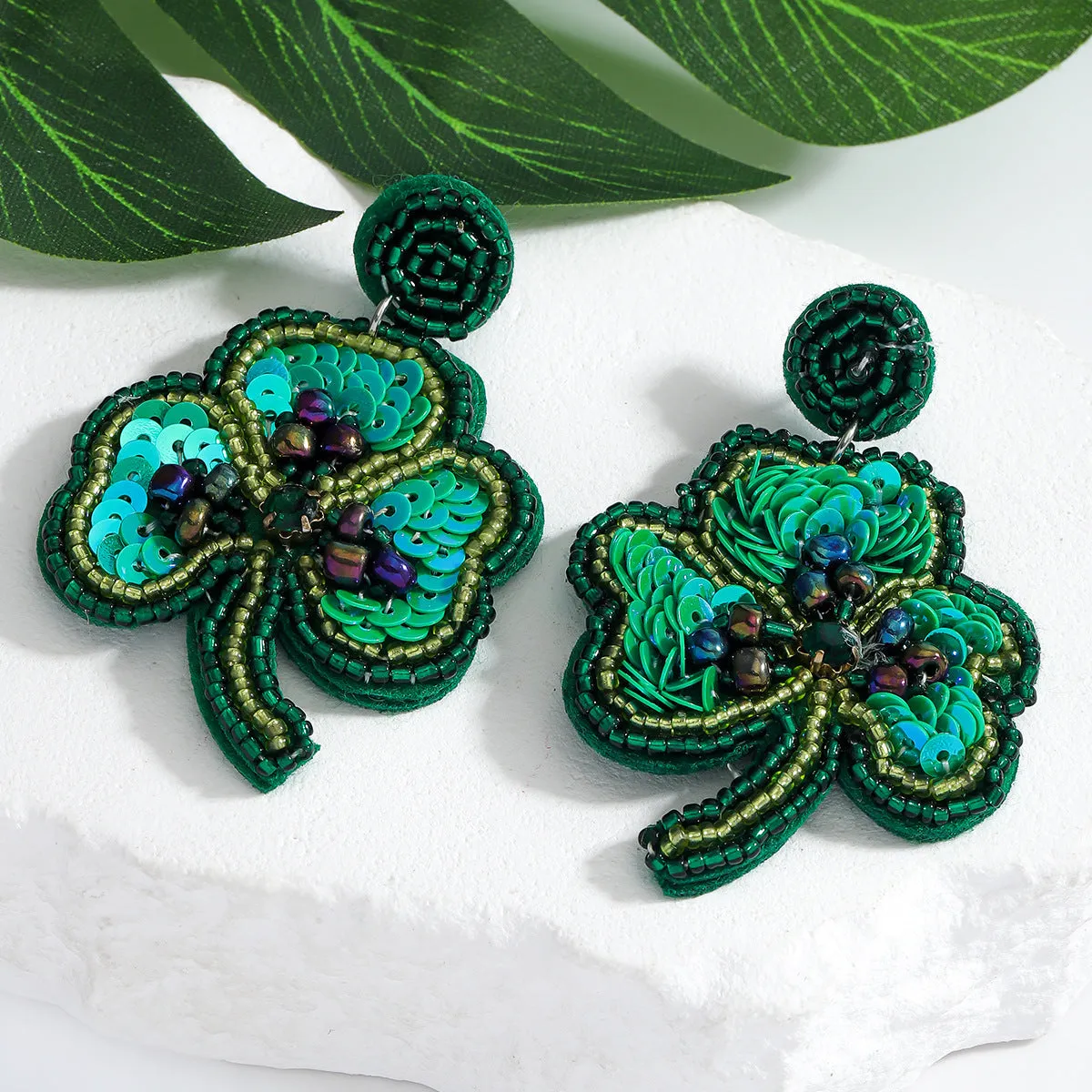Wholesale Green Rice Bead Saint Patrick Clover Holiday Party Earrings