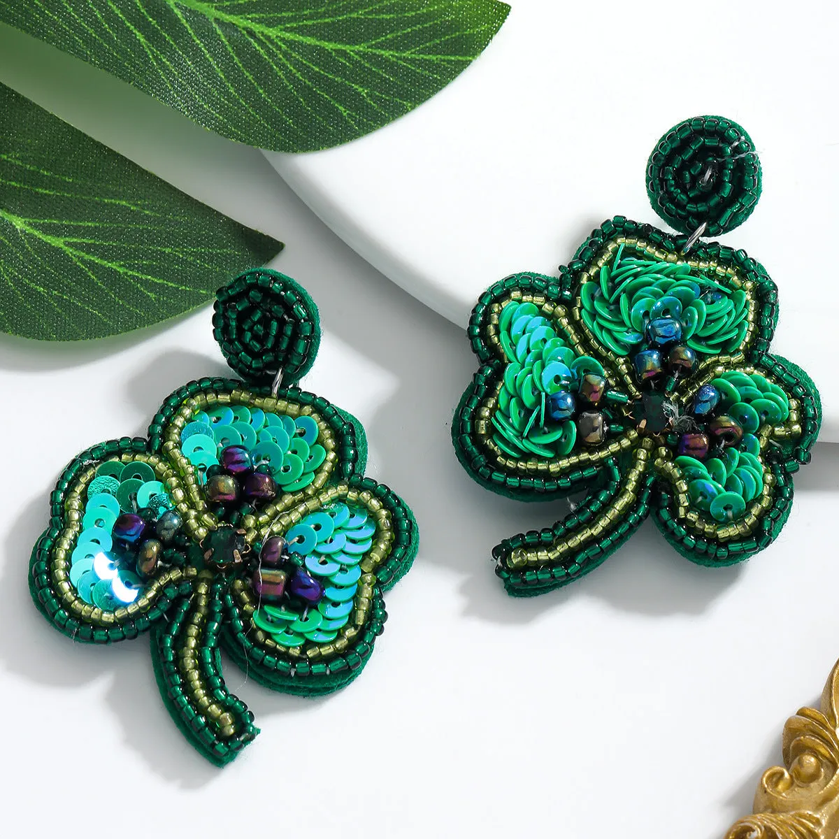 Wholesale Green Rice Bead Saint Patrick Clover Holiday Party Earrings
