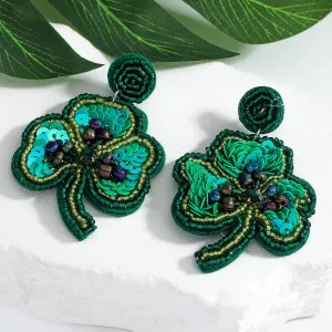 Wholesale Green Rice Bead Saint Patrick Clover Holiday Party Earrings
