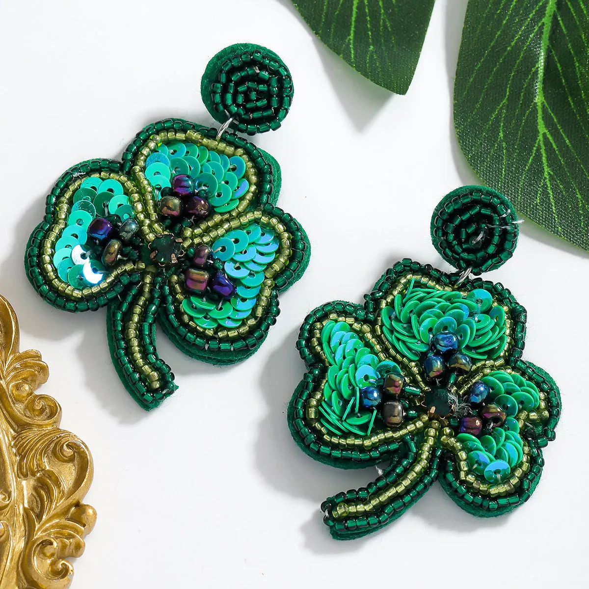 Wholesale Green Rice Bead Saint Patrick Clover Holiday Party Earrings