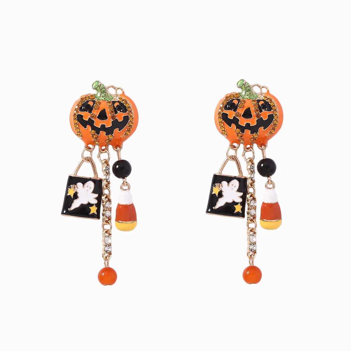 Wholesale Halloween Creative Fashion Oil Drop Funny Zircon Inlaid Pumpkin Skull Tassel Earrings