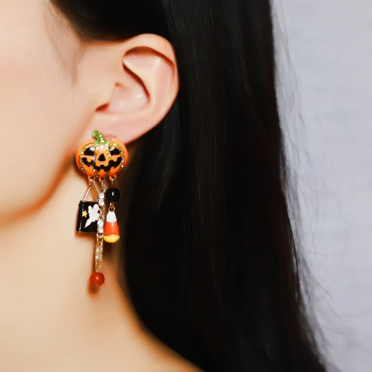 Wholesale Halloween Creative Fashion Oil Drop Funny Zircon Inlaid Pumpkin Skull Tassel Earrings