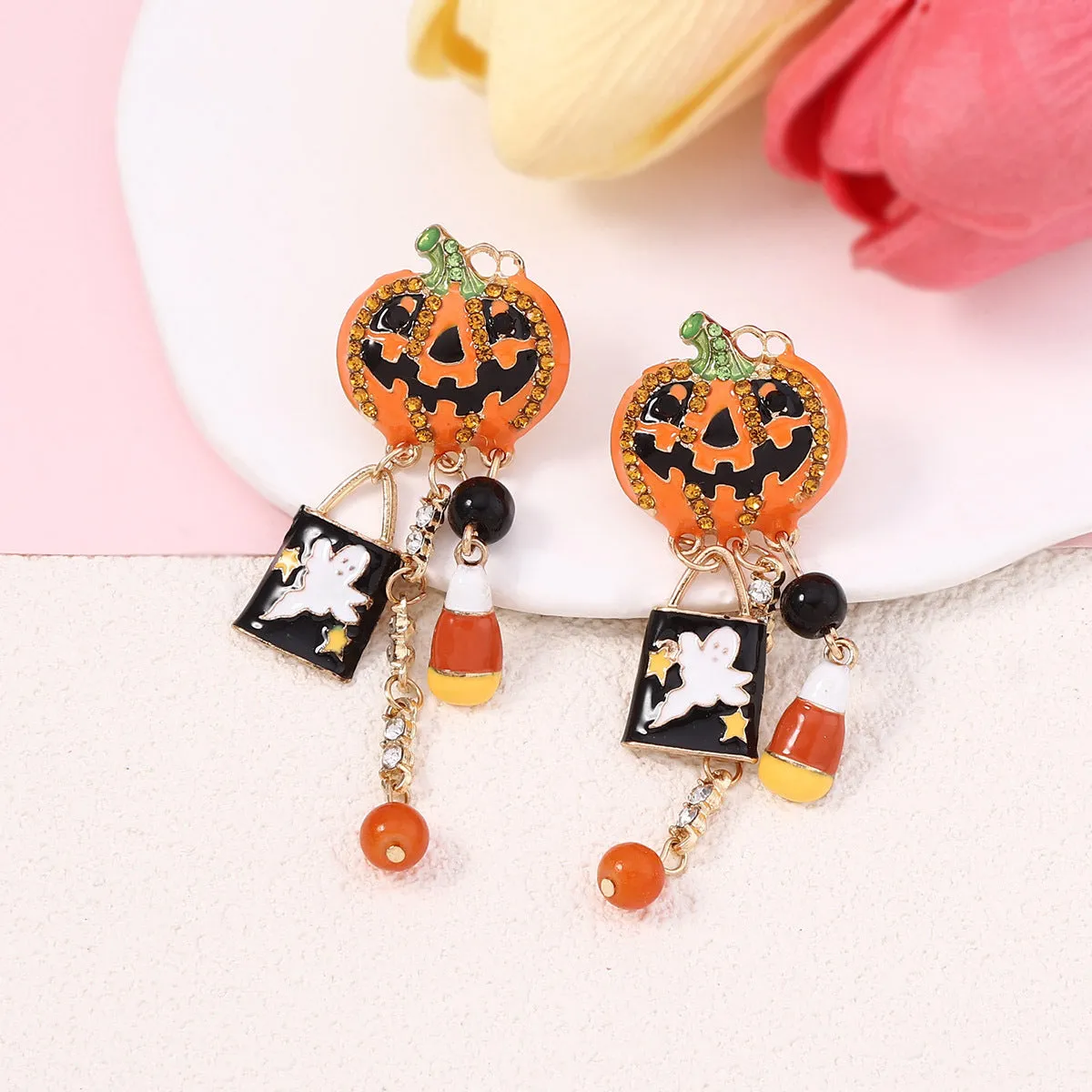 Wholesale Halloween Creative Fashion Oil Drop Funny Zircon Inlaid Pumpkin Skull Tassel Earrings