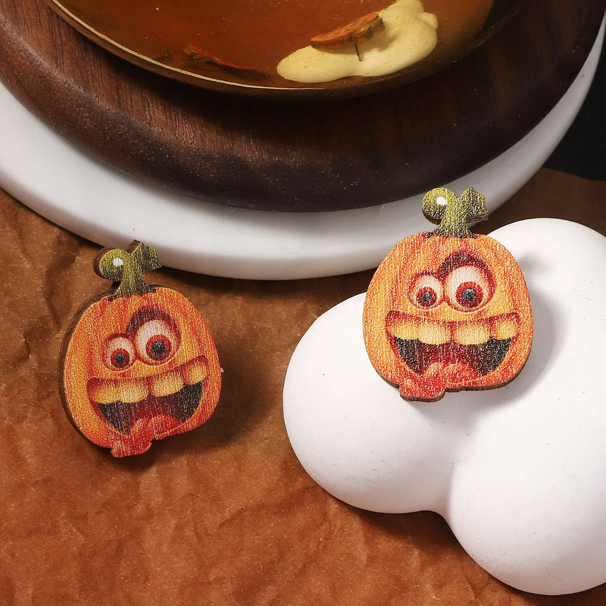 Wholesale Halloween Creative Funny Wood Printed Pumpkin Expression Pack Earrings