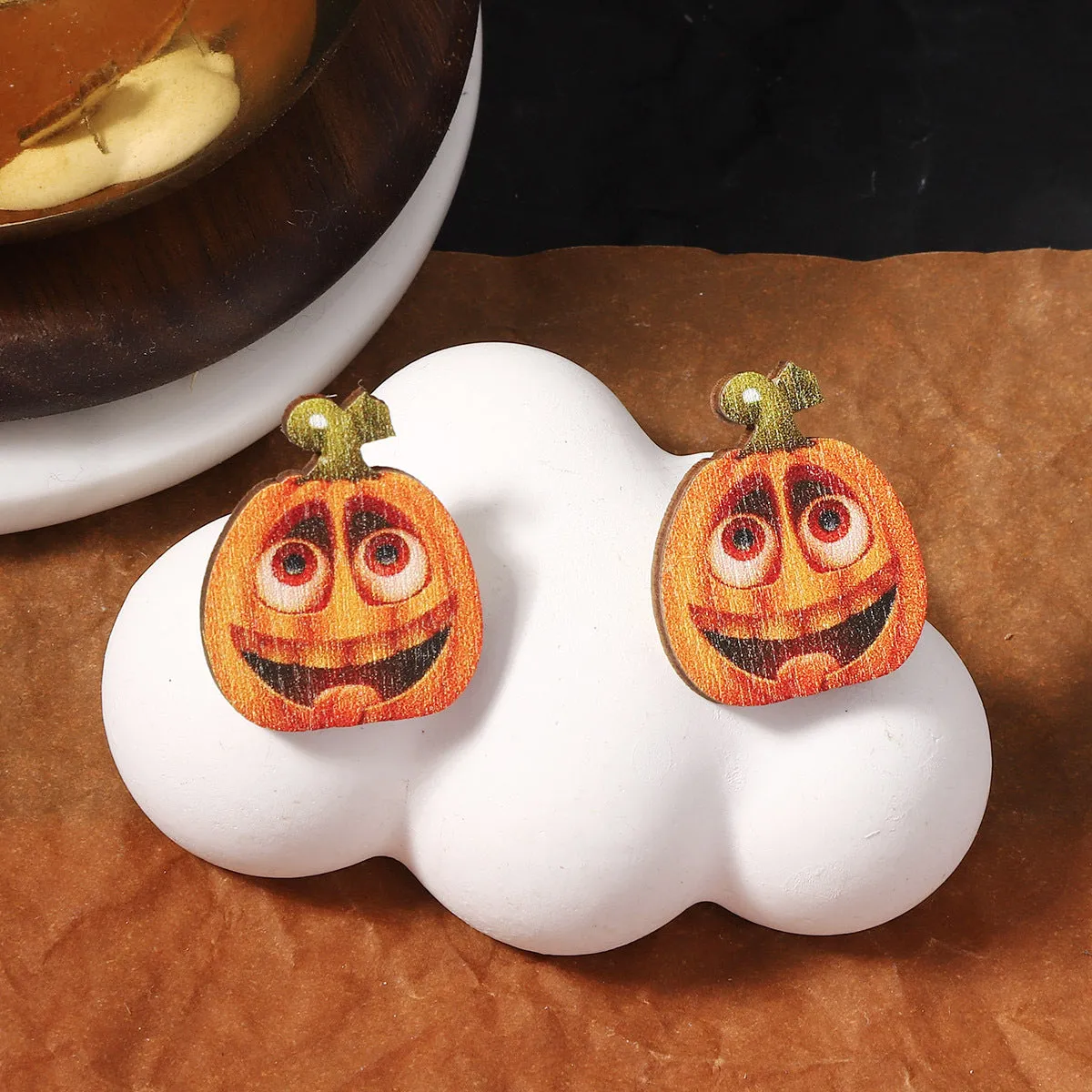 Wholesale Halloween Creative Funny Wood Printed Pumpkin Expression Pack Earrings