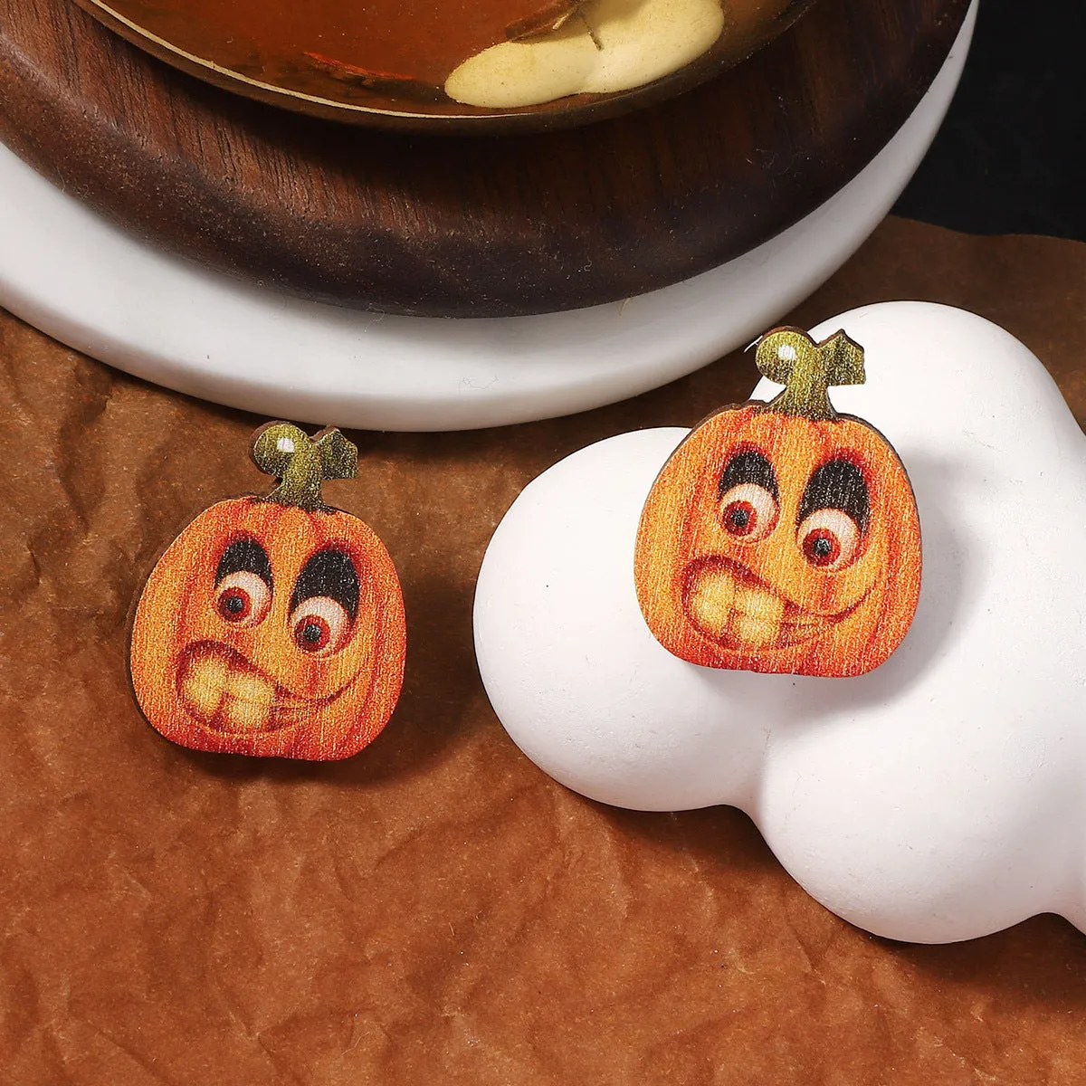 Wholesale Halloween Creative Funny Wood Printed Pumpkin Expression Pack Earrings