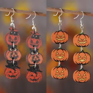 Wholesale Halloween Gothic Style Black Cat Ghost Face Pumpkin Stitching Wooden Earrings