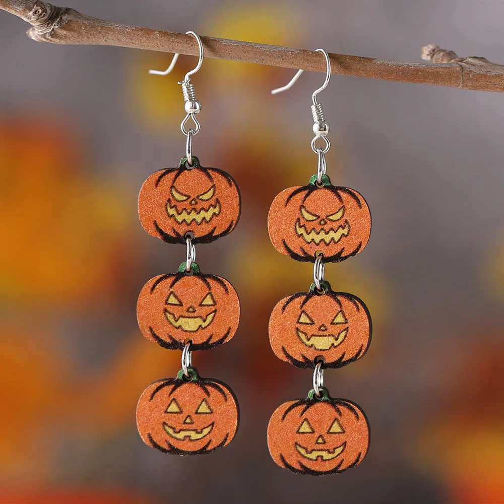 Wholesale Halloween Gothic Style Black Cat Ghost Face Pumpkin Stitching Wooden Earrings