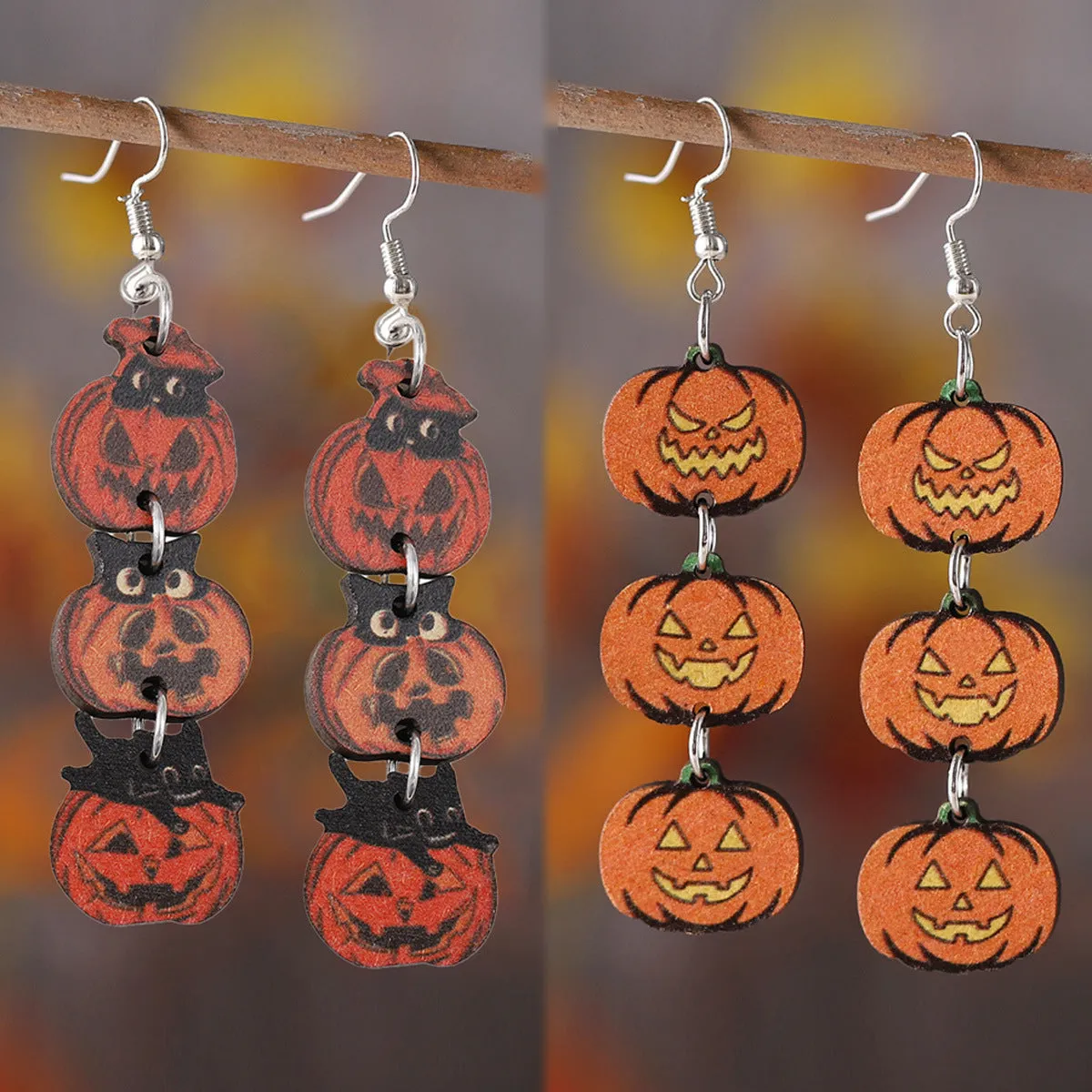 Wholesale Halloween Gothic Style Black Cat Ghost Face Pumpkin Stitching Wooden Earrings