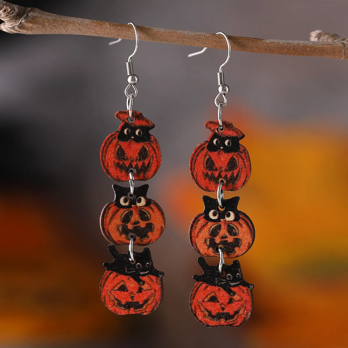 Wholesale Halloween Gothic Style Black Cat Ghost Face Pumpkin Stitching Wooden Earrings