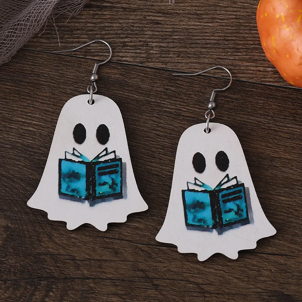 Wholesale Halloween Gothic Style Cute Ghost Flower Book Pocket Ghost Pendant Wooden Double-sided Earrings