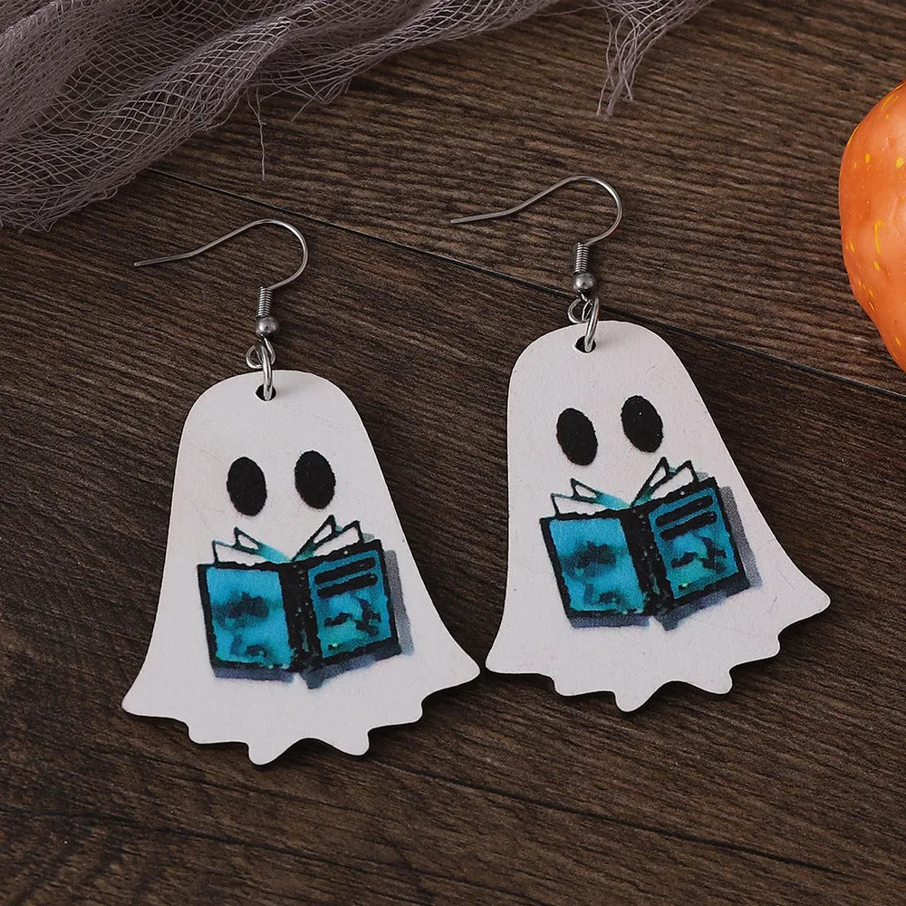 Wholesale Halloween Gothic Style Cute Ghost Flower Book Pocket Ghost Pendant Wooden Double-sided Earrings