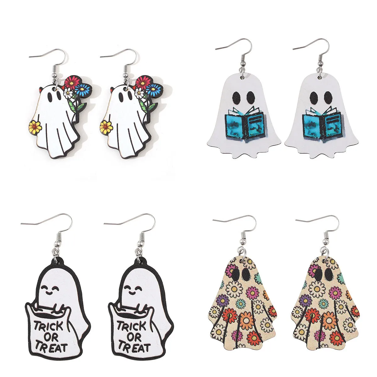 Wholesale Halloween Gothic Style Cute Ghost Flower Book Pocket Ghost Pendant Wooden Double-sided Earrings