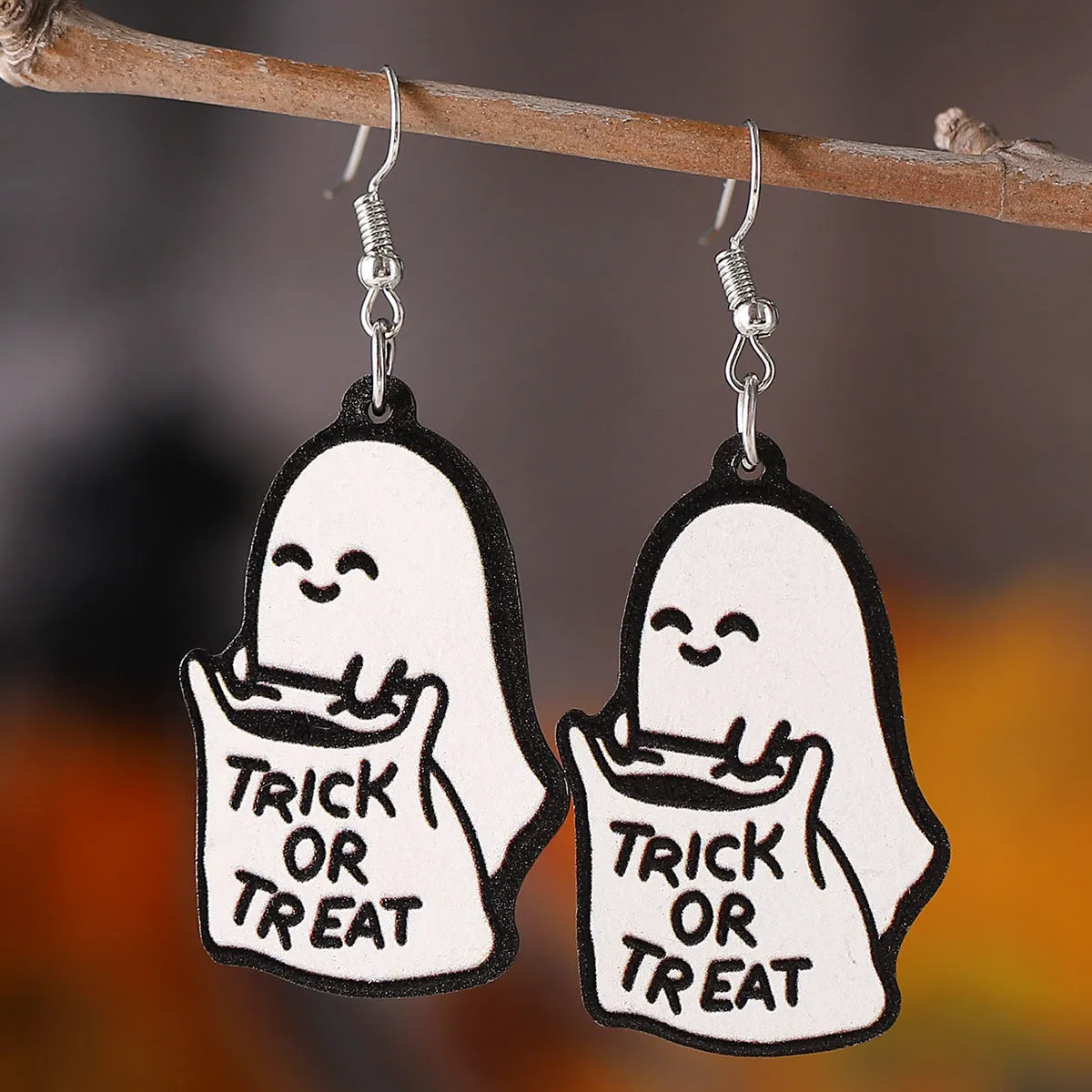 Wholesale Halloween Gothic Style Cute Ghost Flower Book Pocket Ghost Pendant Wooden Double-sided Earrings