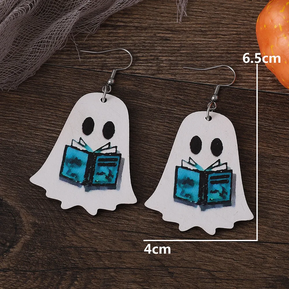 Wholesale Halloween Gothic Style Cute Ghost Flower Book Pocket Ghost Pendant Wooden Double-sided Earrings