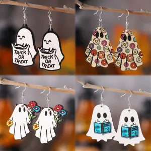Wholesale Halloween Gothic Style Cute Ghost Flower Book Pocket Ghost Pendant Wooden Double-sided Earrings