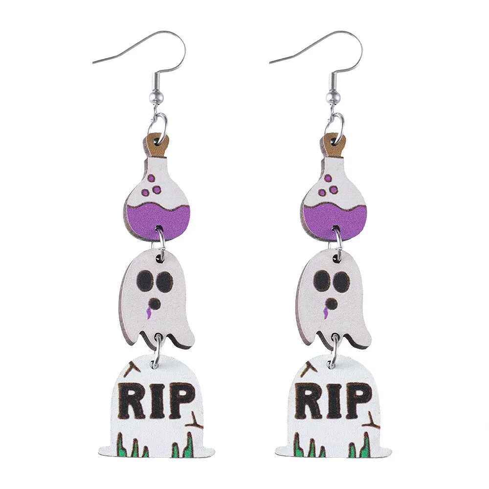 Wholesale Halloween Gothic Style Cute Ghost Tassel Stitching Wooden Double-sided Earrings