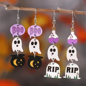 Wholesale Halloween Gothic Style Cute Ghost Tassel Stitching Wooden Double-sided Earrings