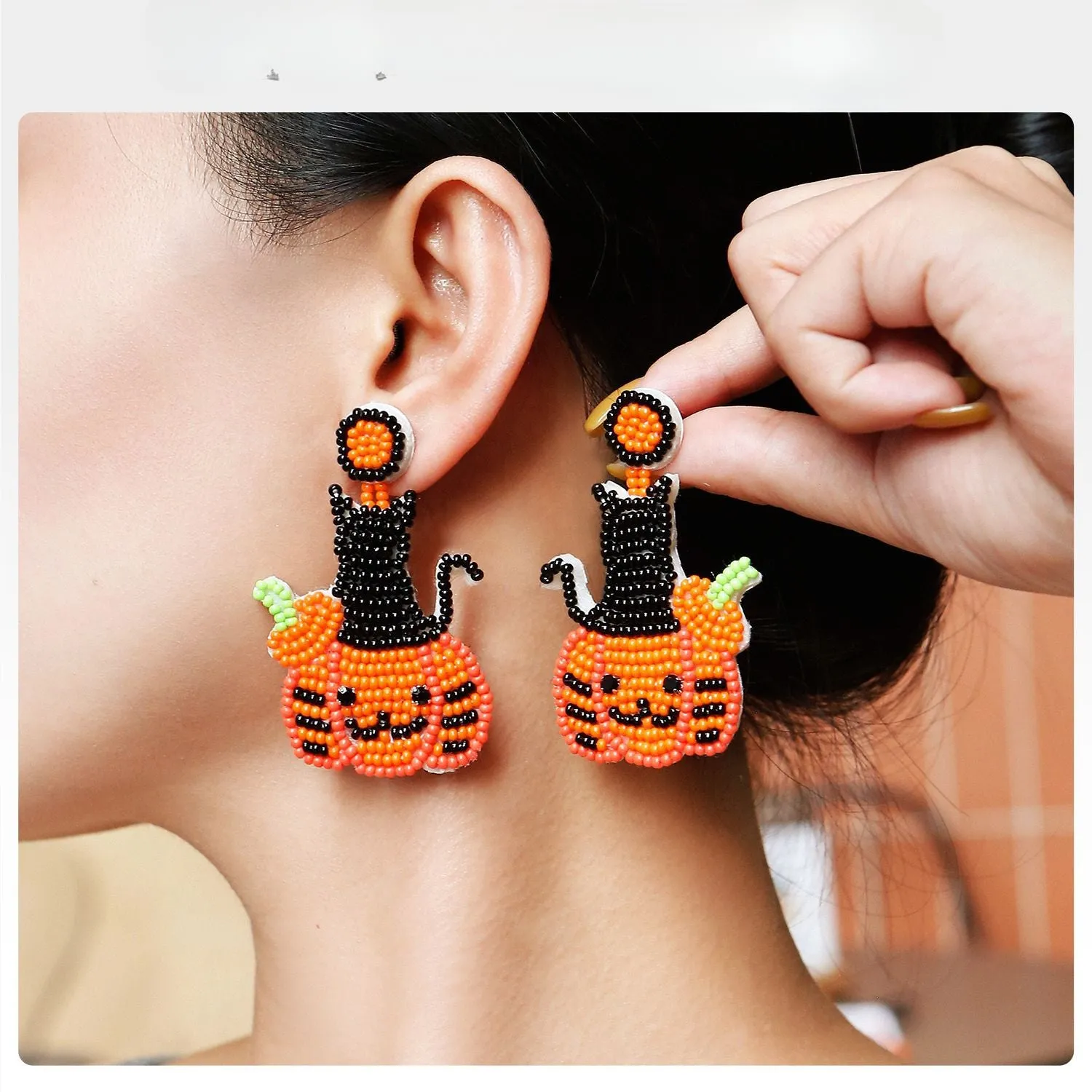Wholesale Halloween Handmade Beaded Cute Pumpkin Rice Bead Earrings
