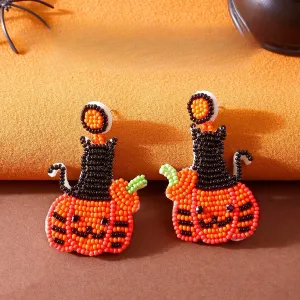 Wholesale Halloween Handmade Beaded Cute Pumpkin Rice Bead Earrings