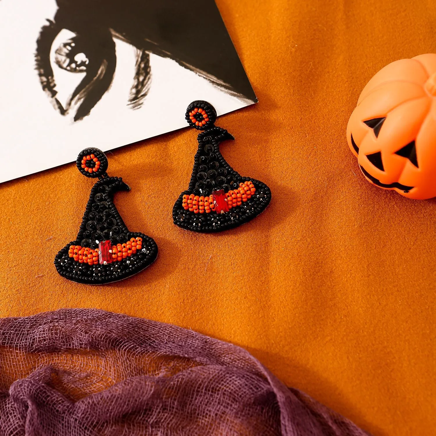Wholesale Halloween Hat Ghost Creative Rice Bead Pumpkin Bat Exaggerated Earrings