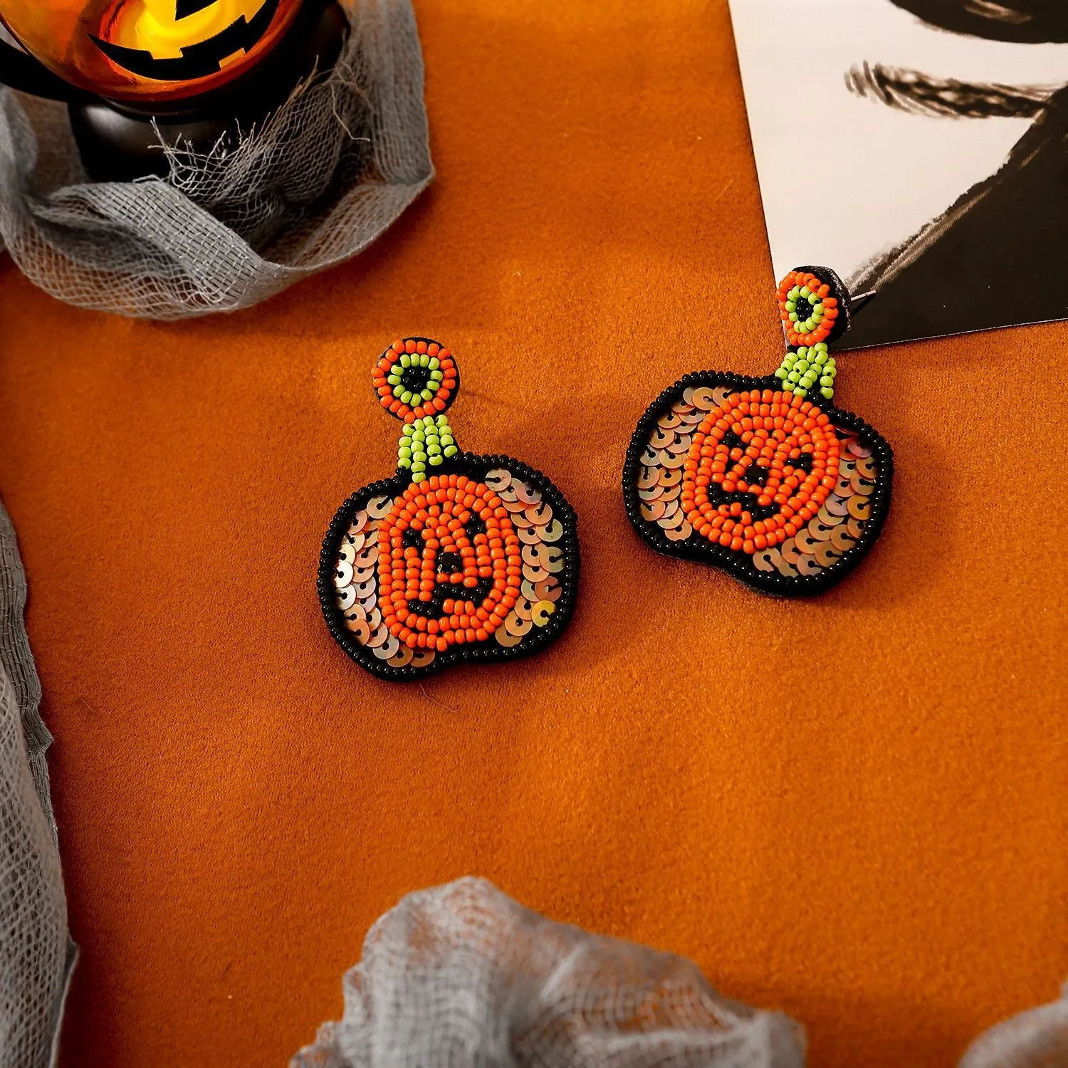 Wholesale Halloween Hat Ghost Creative Rice Bead Pumpkin Bat Exaggerated Earrings
