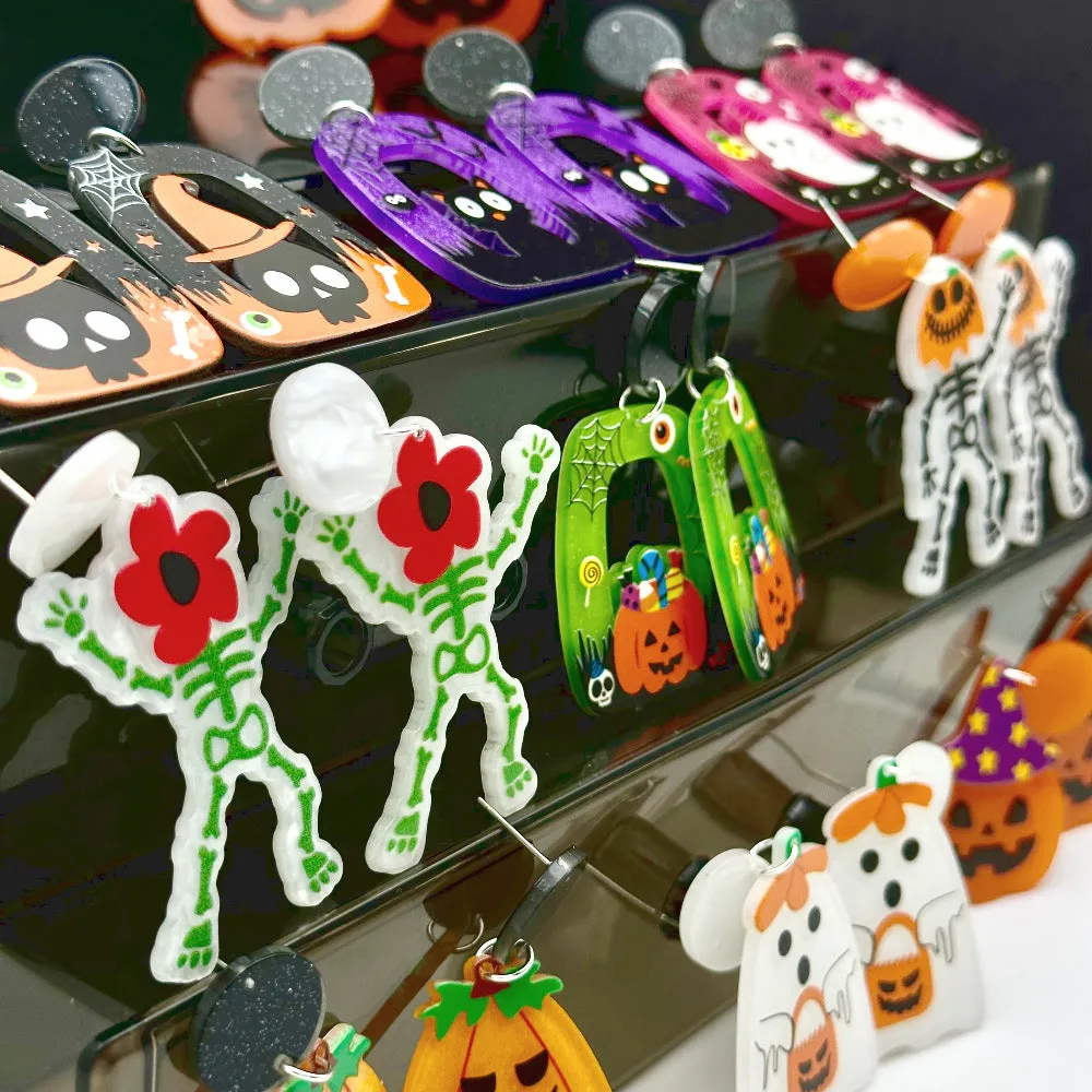 Wholesale Halloween Hollow Cartoon Ghost Pumpkin Cat Acrylic Earrings