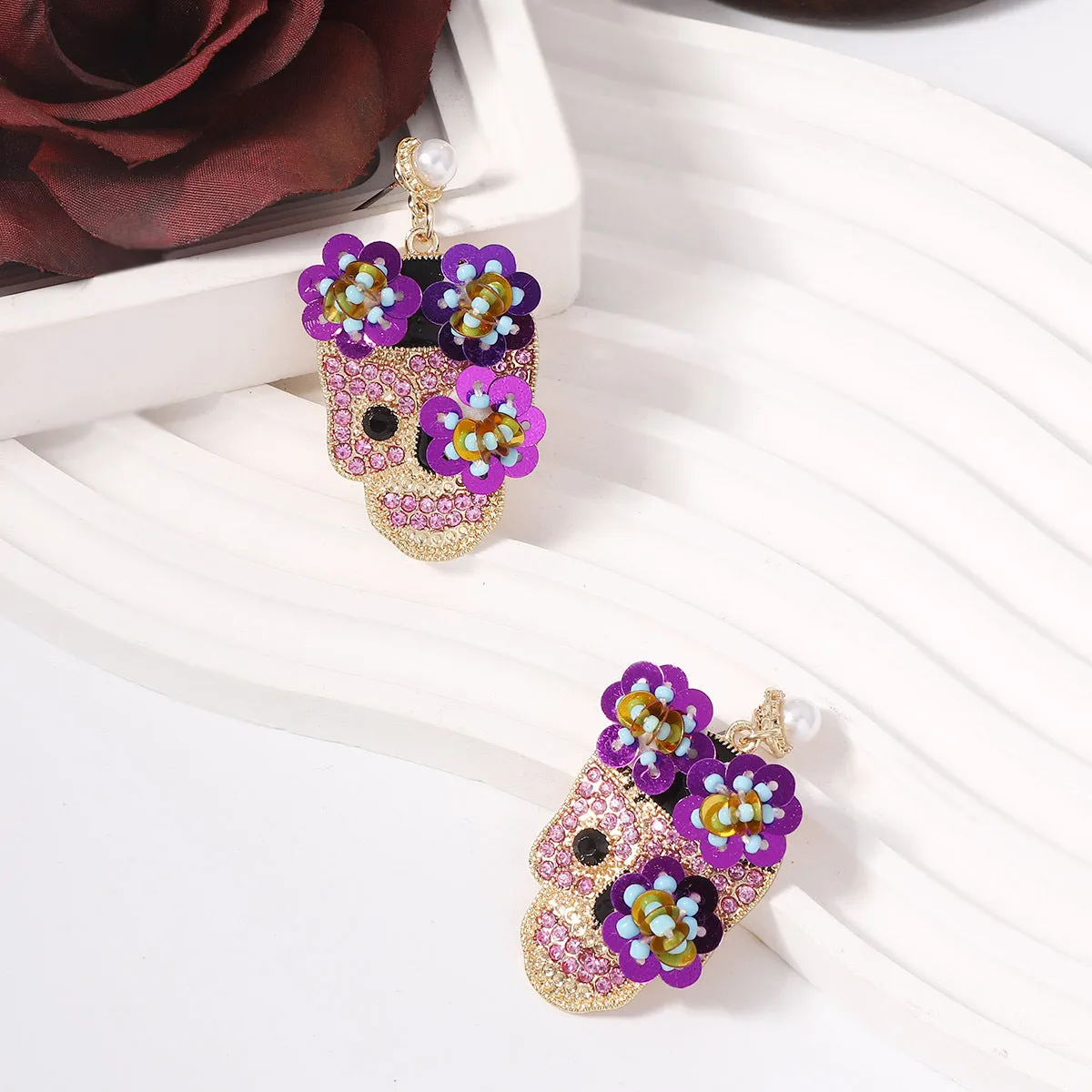 Wholesale Halloween Inlaid Zircon with Sequined Skull Earrings