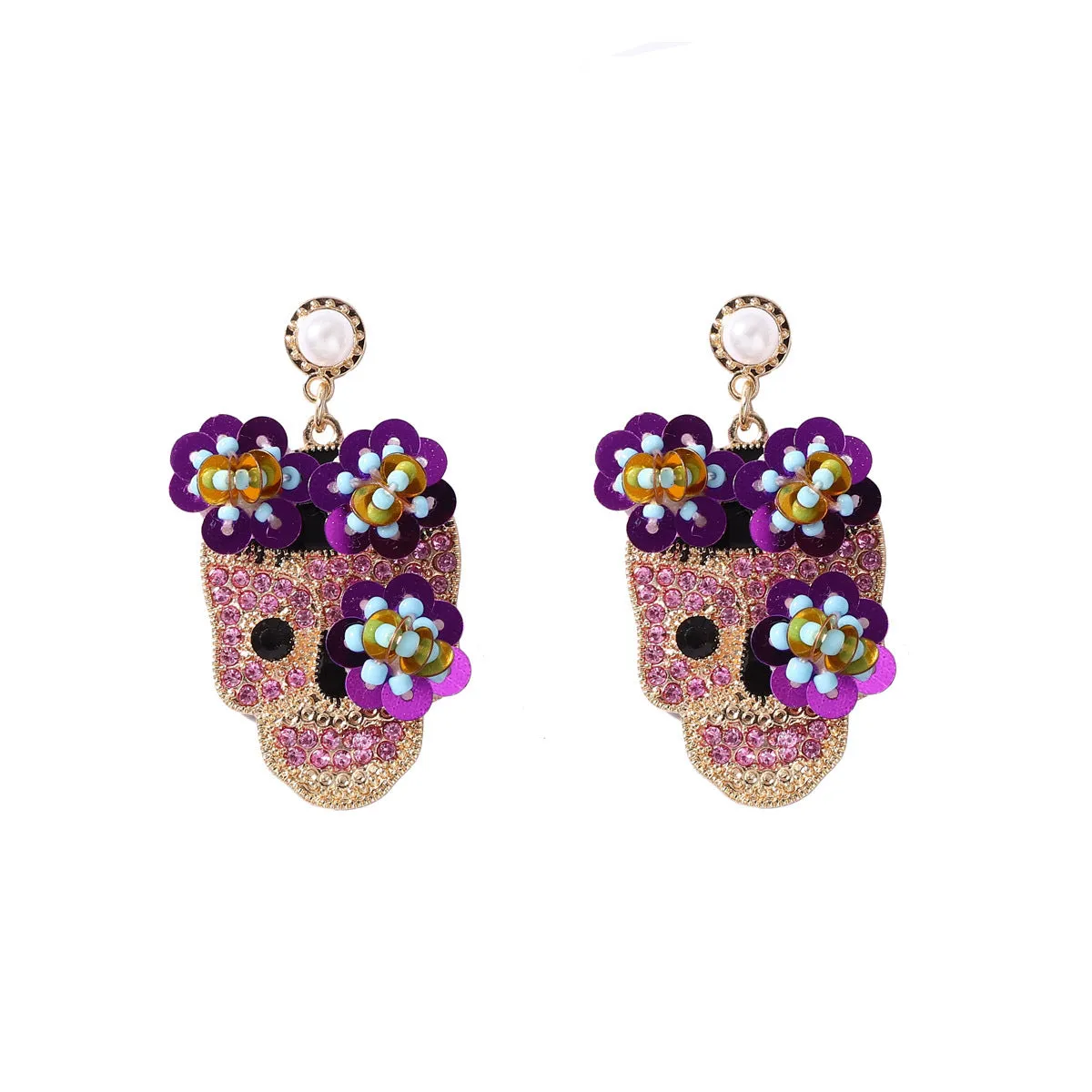 Wholesale Halloween Inlaid Zircon with Sequined Skull Earrings