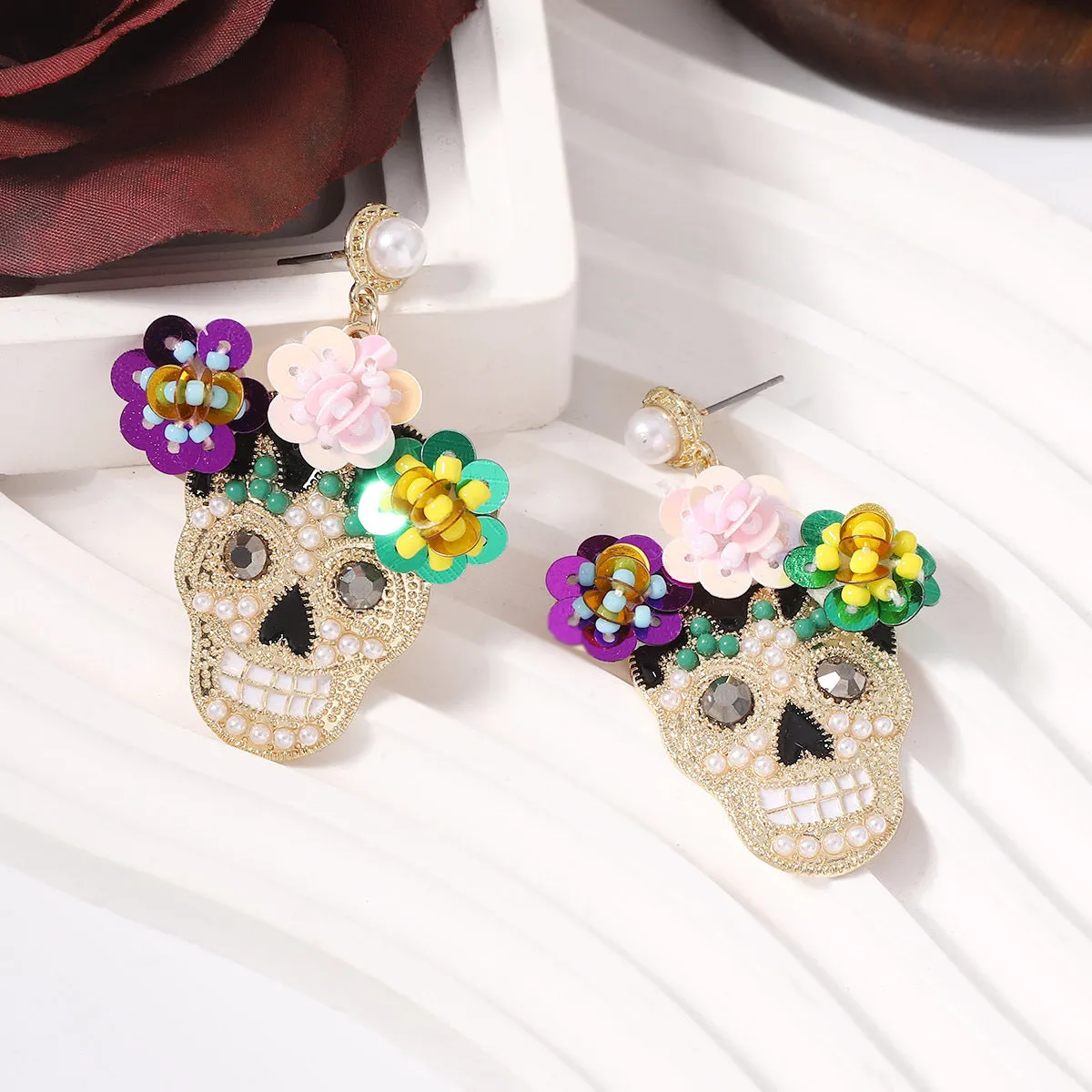Wholesale Halloween Inlaid Zircon with Sequined Skull Earrings
