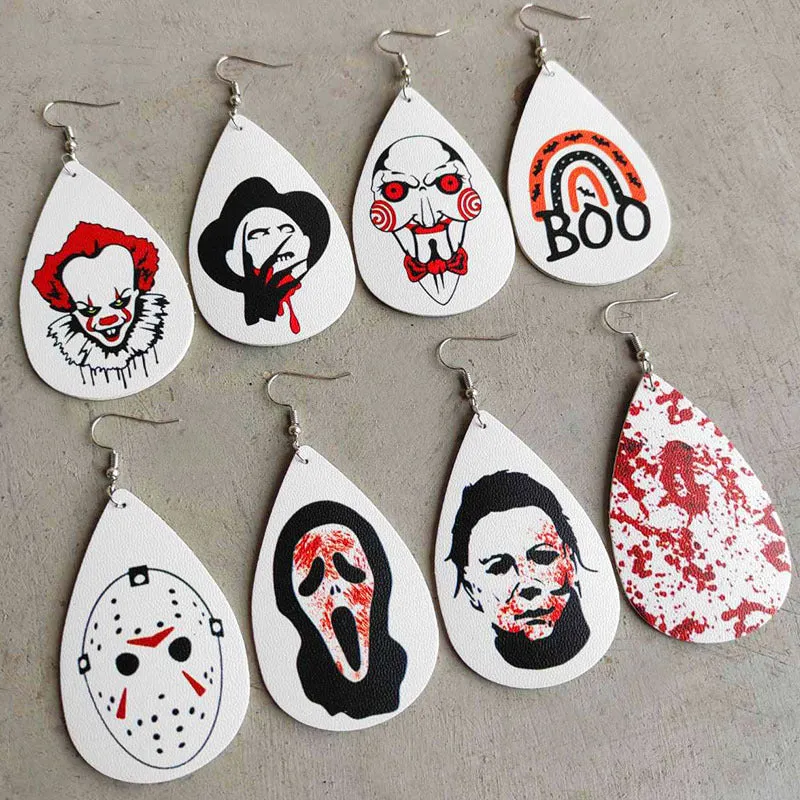 Wholesale Halloween Leather Horror Clown Blood Rainbow Leopard Earrings