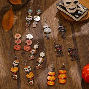 Wholesale Halloween Printed Colorful Pumpkin Skull Ghost Gift Creative Splicing Wooden Earrings
