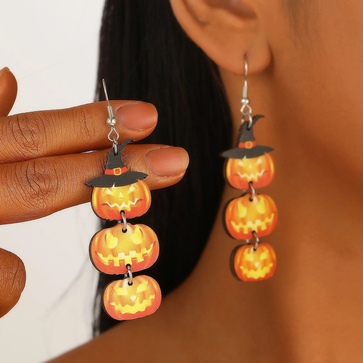 Wholesale Halloween Printed Colorful Pumpkin Skull Ghost Gift Creative Splicing Wooden Earrings