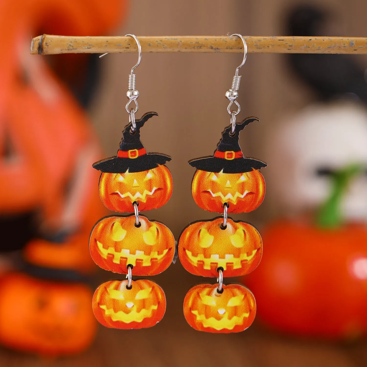 Wholesale Halloween Printed Colorful Pumpkin Skull Ghost Gift Creative Splicing Wooden Earrings