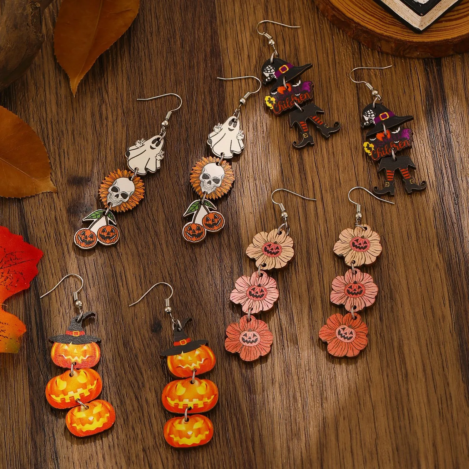 Wholesale Halloween Printed Colorful Pumpkin Skull Ghost Gift Creative Splicing Wooden Earrings