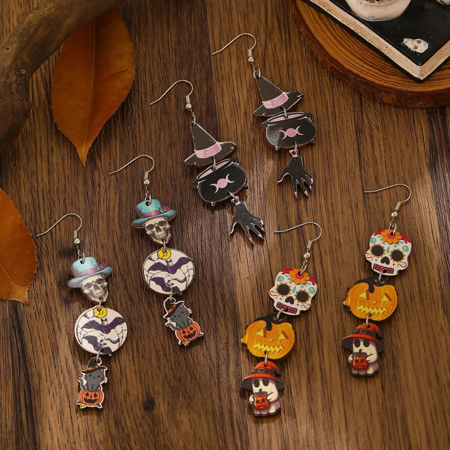 Wholesale Halloween Printed Colorful Pumpkin Skull Ghost Gift Creative Splicing Wooden Earrings