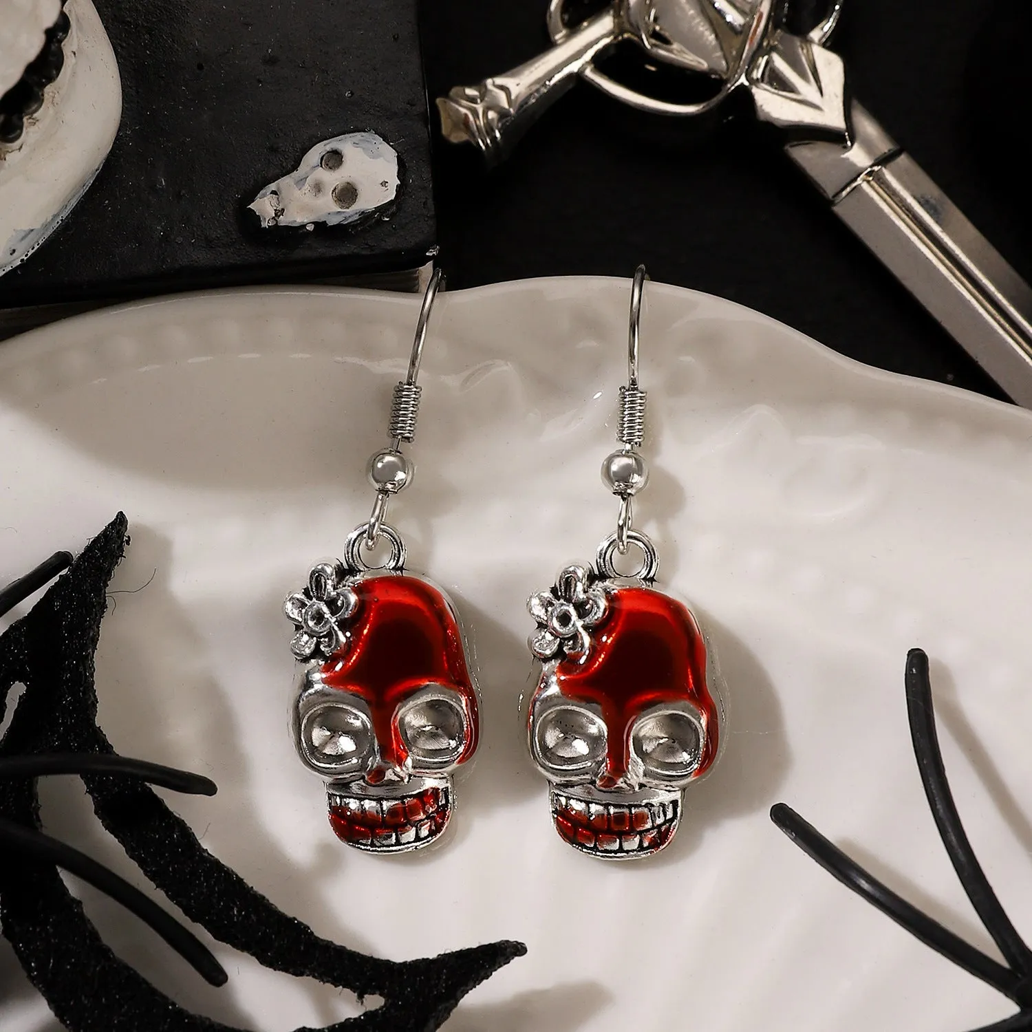 Wholesale Halloween Retro Exaggerated Gothic Horror Skull Heart Alloy Earrings