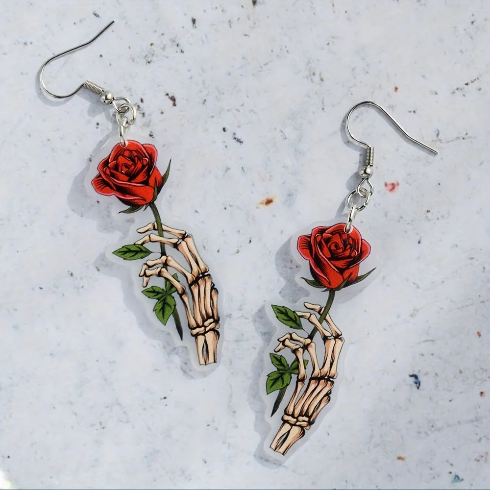 Wholesale Halloween Rose Skeleton Hand Earrings